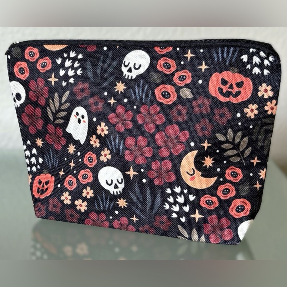 Cute Halloween Floral Night Zipper Makeup Cosmetics Toiletries Travel Bag New